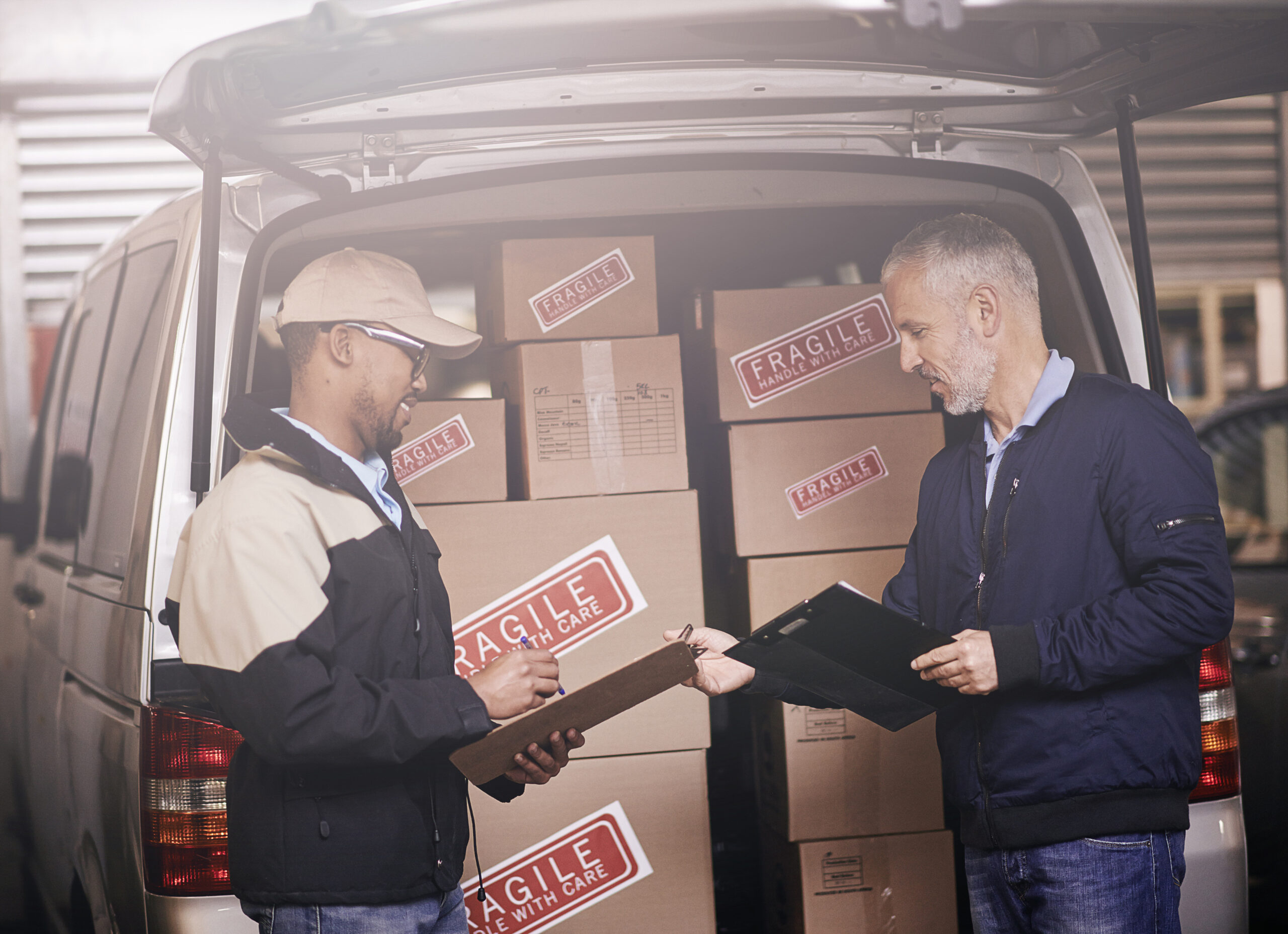 logistics-men-boxes-delivery-van-warehouse-with-shipping-checklist-inventory-check-supply-chain-courier-service-teamwork-discussion-vehicle-safety-compliance-distribution