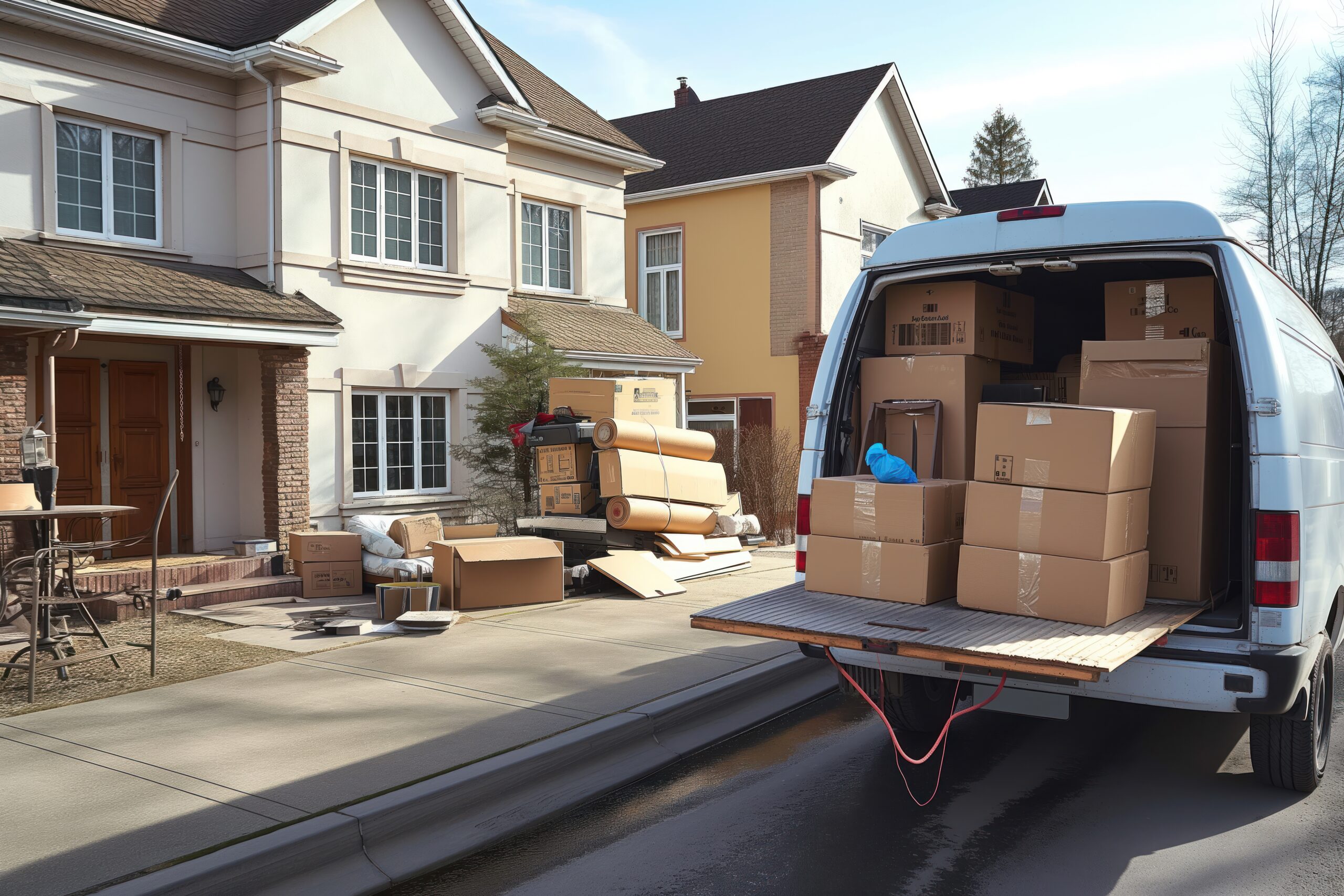 Van loaded with moving boxes and furniture outside a house. House renovation, relocation, or moving out. Many boxes, furniture, and equipment in a van for delivery.